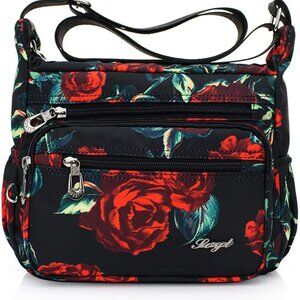 Nylon Floral Crossbody Purse Women Travel Shoulder Bag Multi-Pocket Lightweight